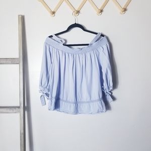 LC LAUREN CONRAD LIGHT BLUE OFF THE SHOULD WITH STRAPS BLOUSE WITH LACE SIZE L